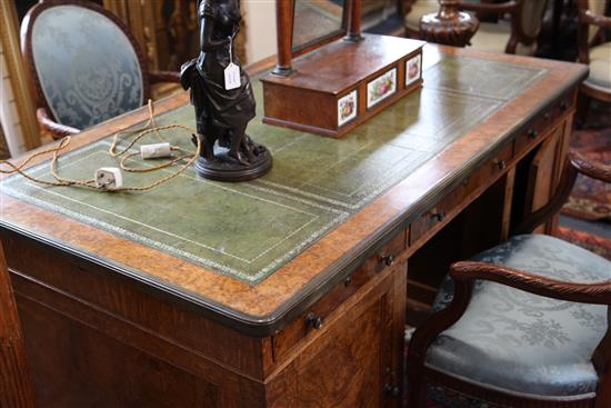 A Victorian brass bound pollard oak partners desk, W.5ft 3in. D.3ft H.2ft 6in.